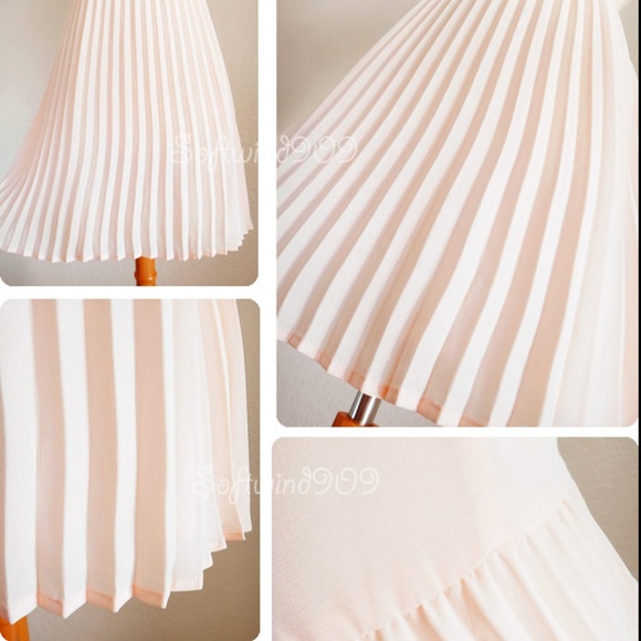 Pale Pink Lace Inset Mock Neck Knife Pleated Dress - Picture 6 of 8